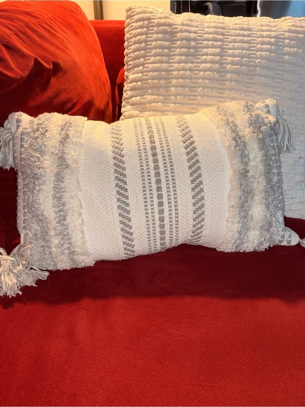 Textured Ivory Toss Pillow with Gray Stripe & Tassels
